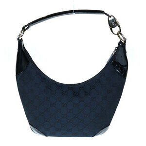Gucci Black Navy Blue Shoulder Leather Handbag Hobo Canvas Bag GG